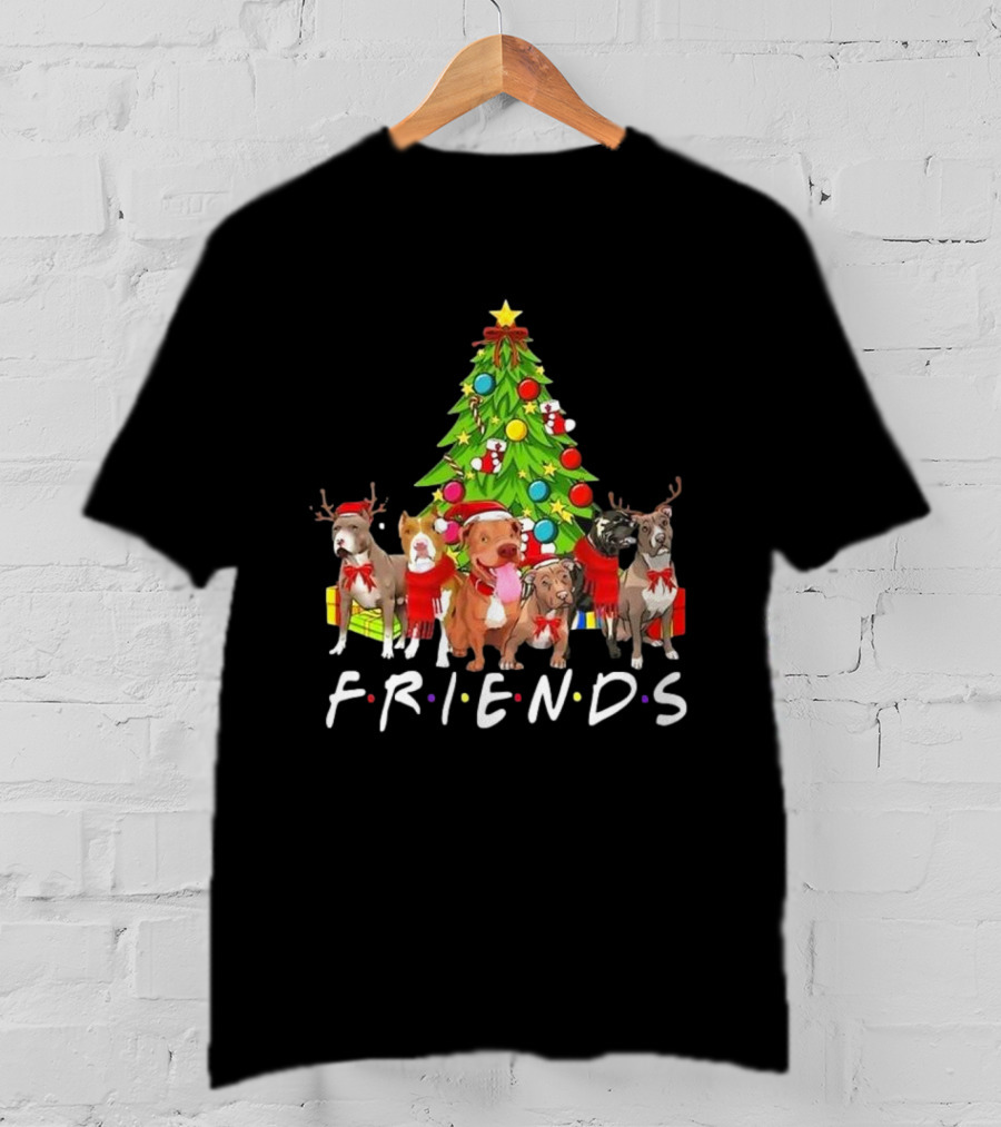 FRIENDS Christmas Tree With Pitbulls In Festive Scarf And Antlers T-Shirt