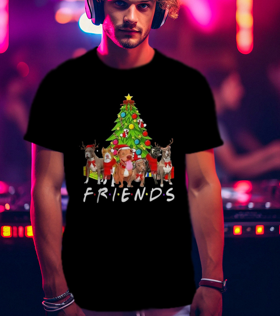 FRIENDS Christmas Tree With Pitbulls In Festive Scarf And Antlers T-Shirt