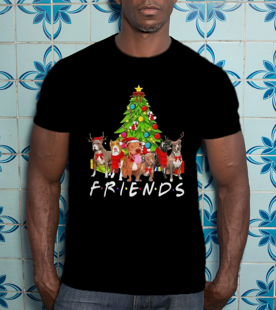 FRIENDS Christmas Tree With Pitbulls In Festive Scarf And Antlers T-Shirt