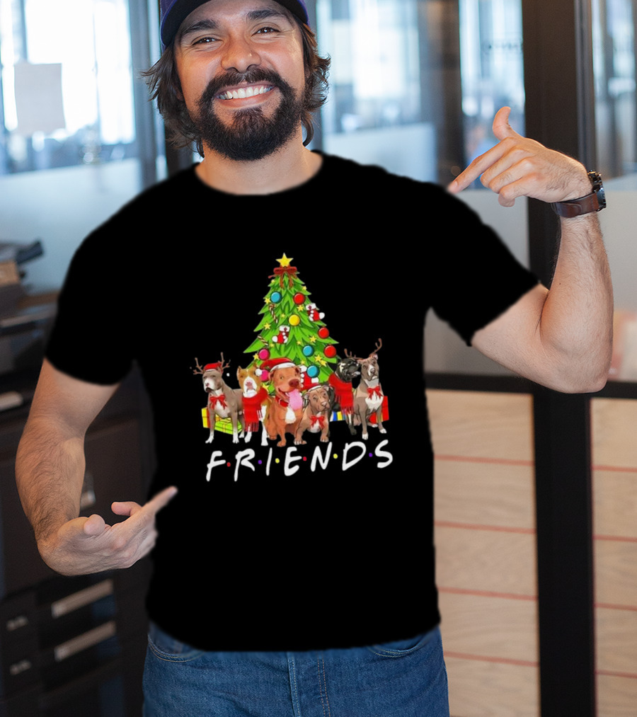 FRIENDS Christmas Tree With Pitbulls In Festive Scarf And Antlers T-Shirt