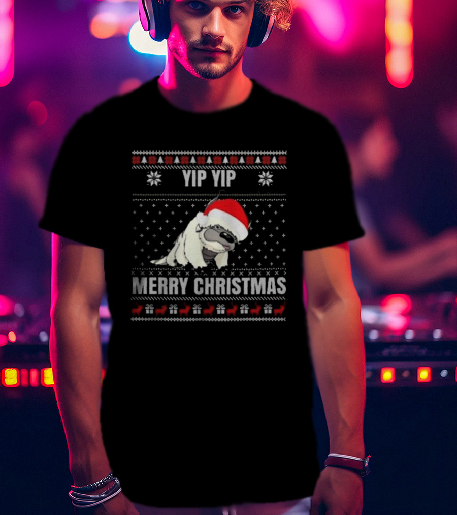 Yip Yip Merry Christmas Santa Hat Christmas Sweater Reindeer Snowflakes T-Shirt