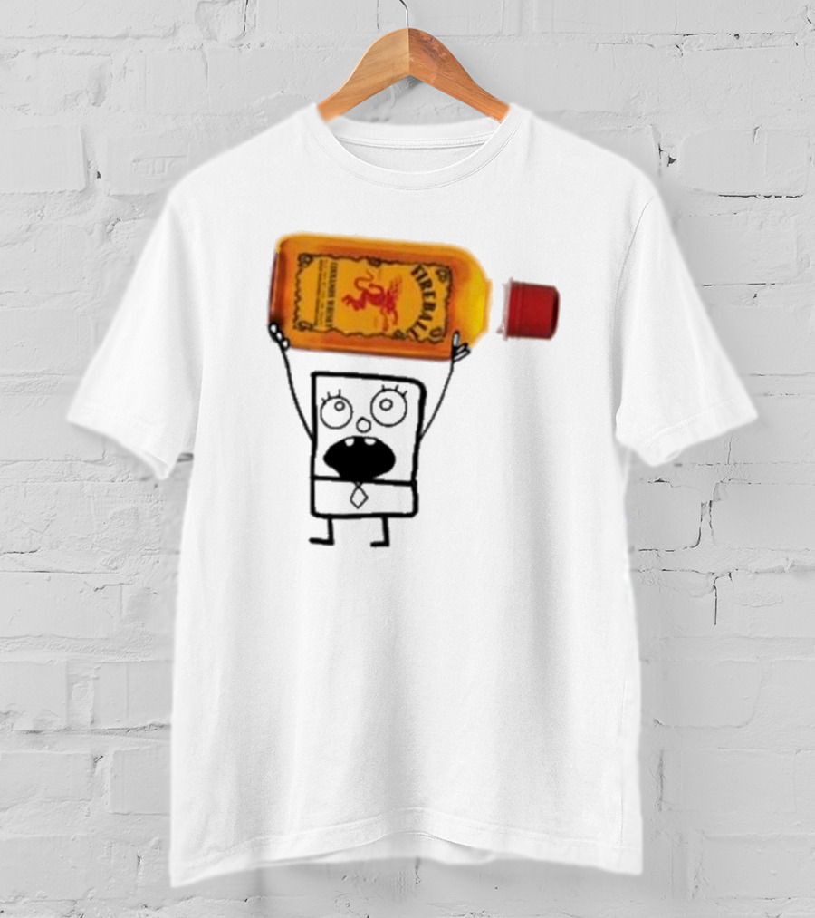 Doodlebob Fireball Whiskey Character Holding Iconic Liquor Bottle T-Shirt