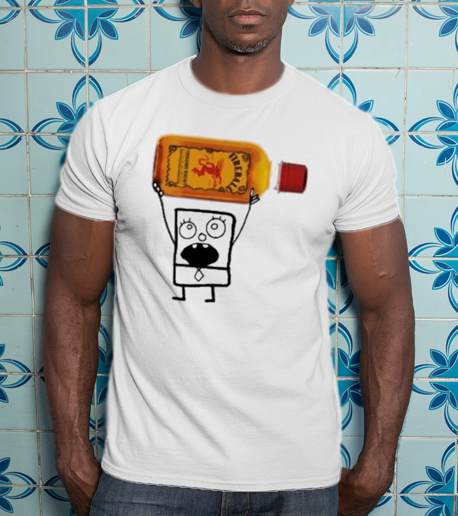 Doodlebob Fireball Whiskey Character Holding Iconic Liquor Bottle T-Shirt
