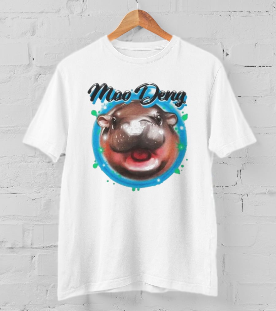 Moo Deng Cute Hippo Face With Blue Background T-Shirt