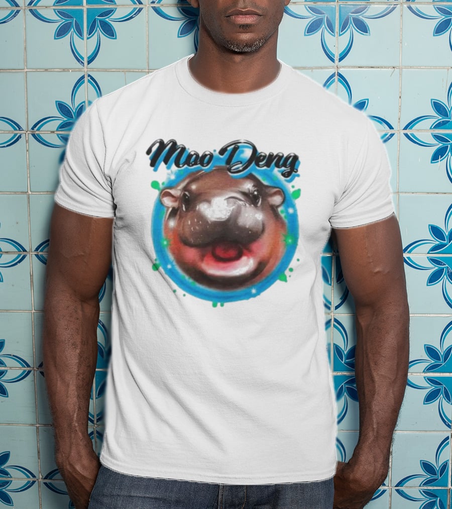 Moo Deng Cute Hippo Face With Blue Background T-Shirt