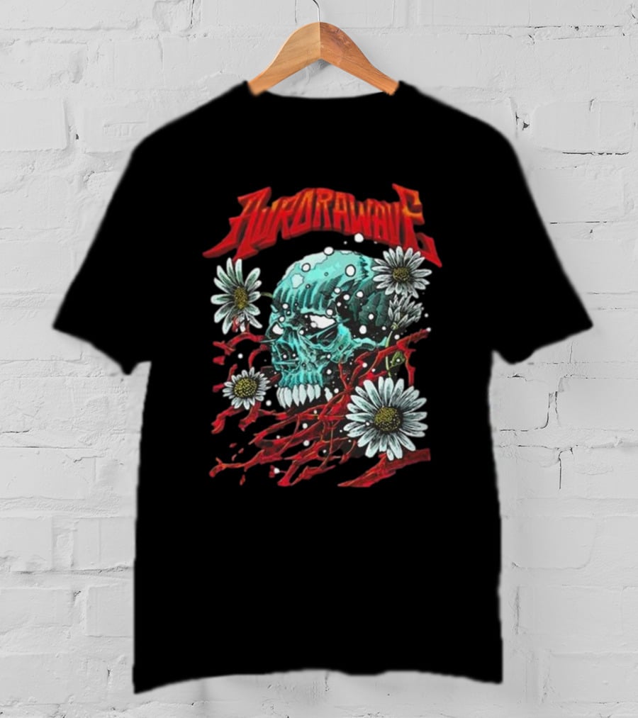 Aurora Wave Skull With Flowers And Red Vines T-Shirt