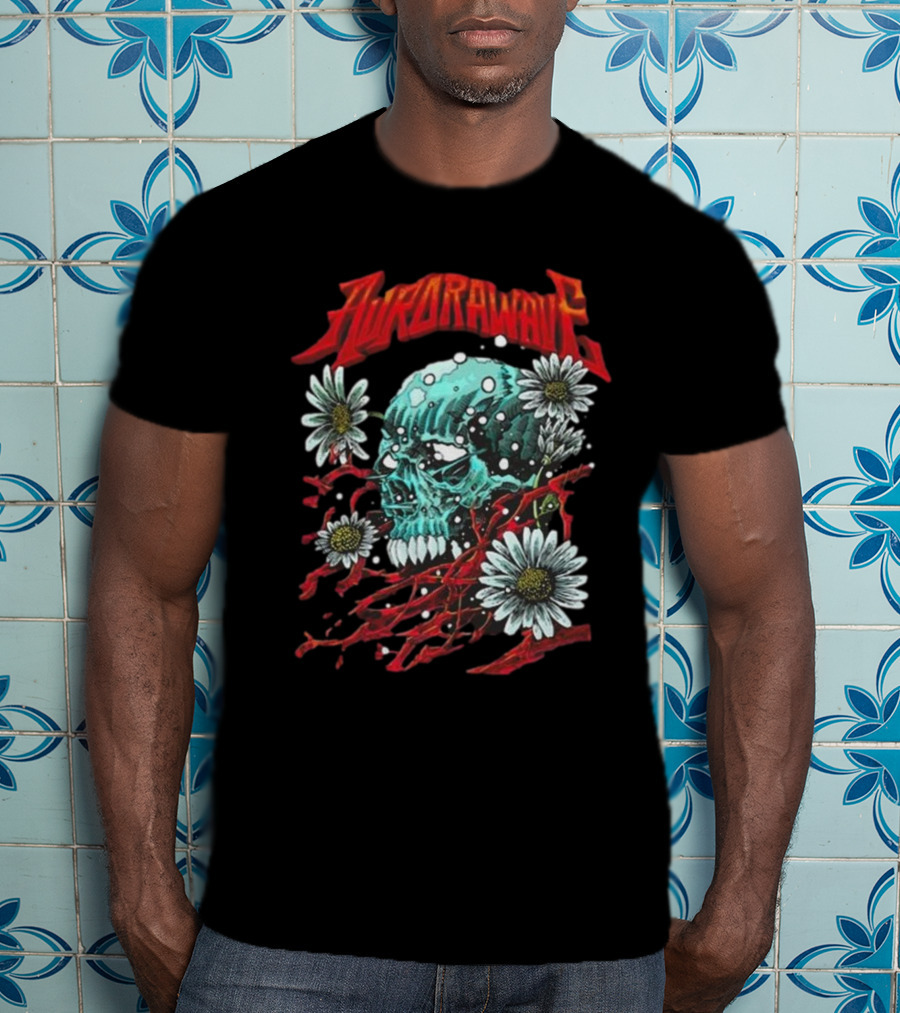 Aurora Wave Skull With Flowers And Red Vines T-Shirt