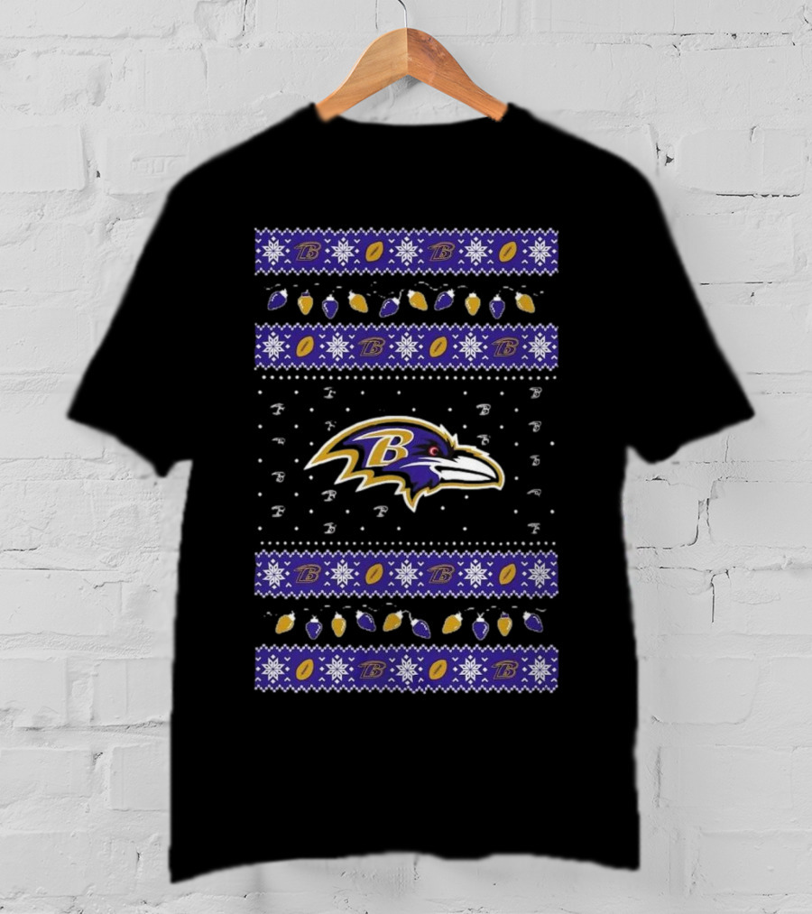Baltimore Ravens NFL Festive Ugly Sweater Holiday Lights Christmas T-Shirt