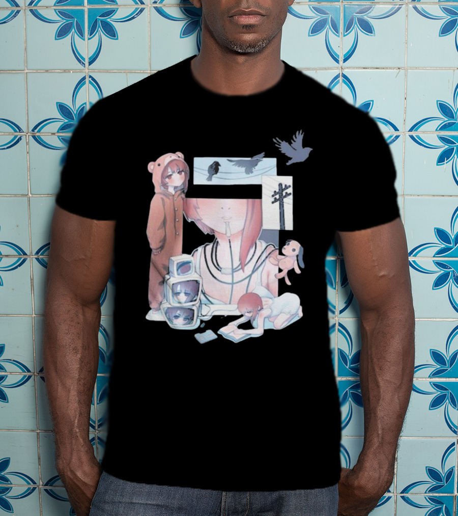 Serial Experiments Lain Wired Bear Monitors And Flock Of Birds T-Shirt