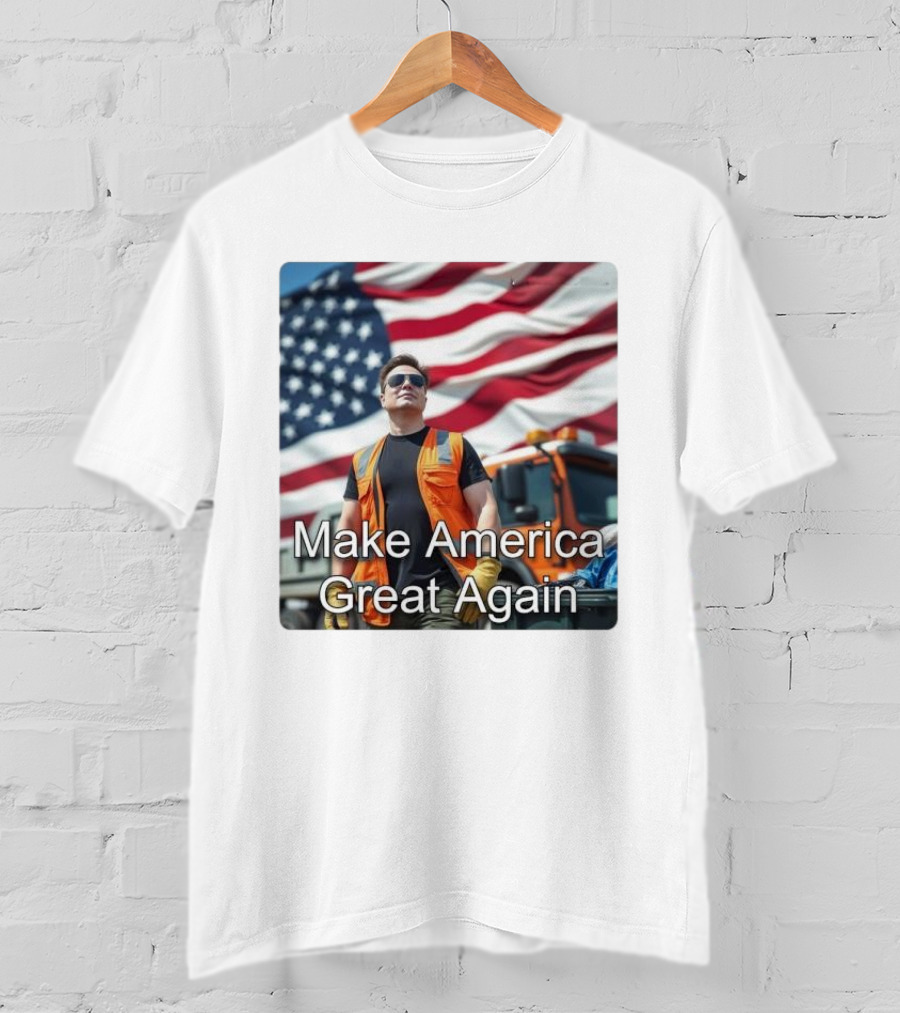 Make America Great Again Elon Musk In Orange Vest With American Flag Background T-Shirt