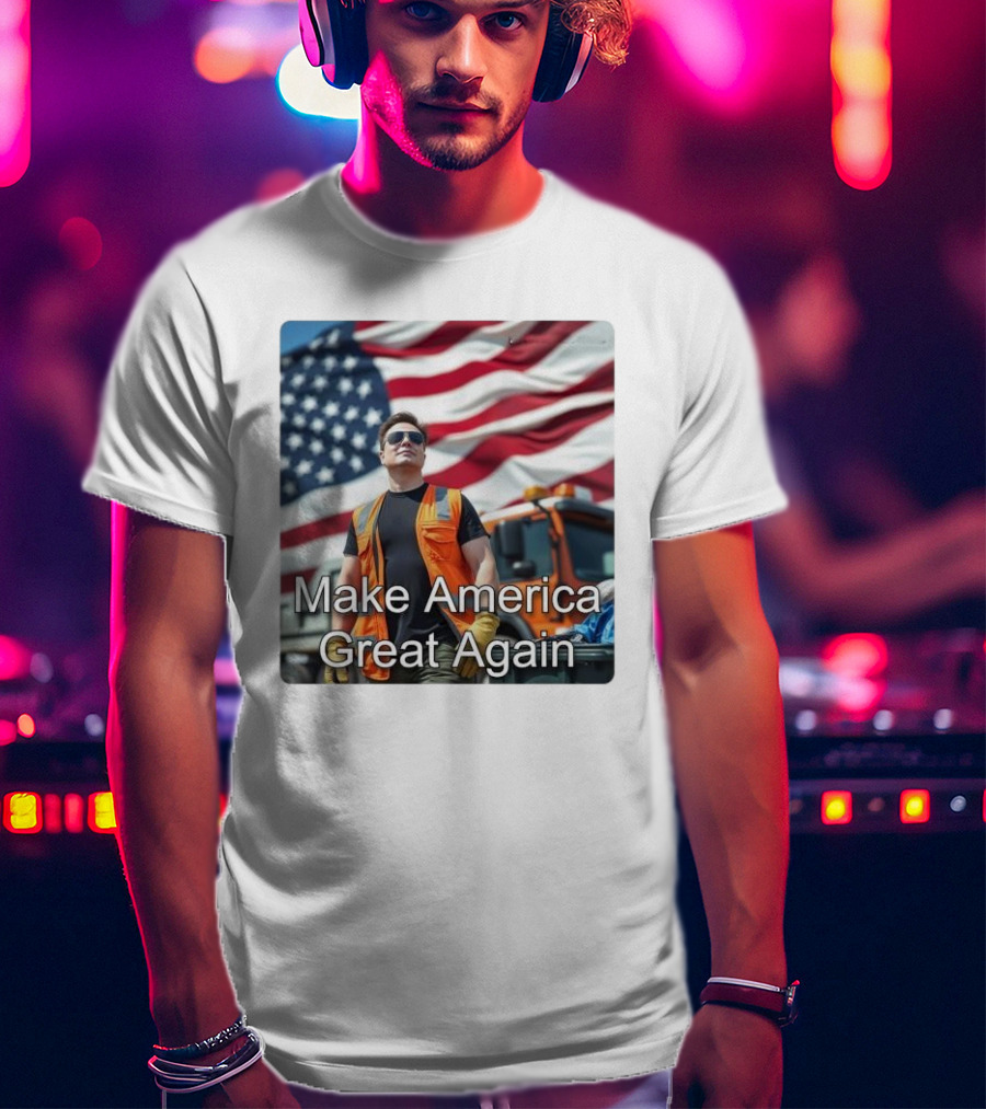 Make America Great Again Elon Musk In Orange Vest With American Flag Background T-Shirt