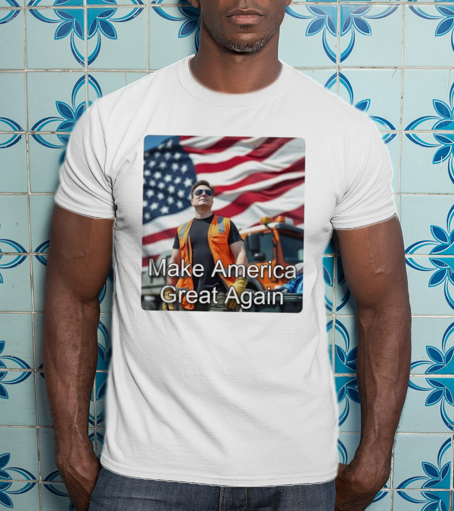 Make America Great Again Elon Musk In Orange Vest With American Flag Background T-Shirt