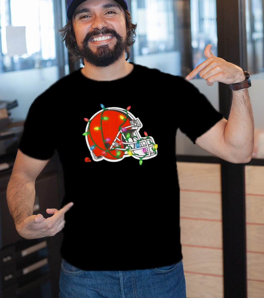 Cleveland Browns Helmet Wrapped In Holiday Lights T-Shirt