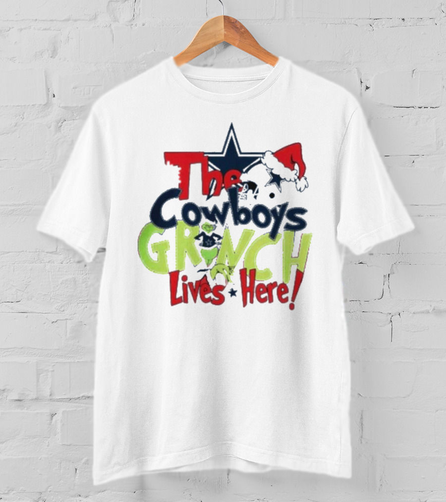The Cowboys Grinch Lives Here Santa Hat Christmas T-Shirt