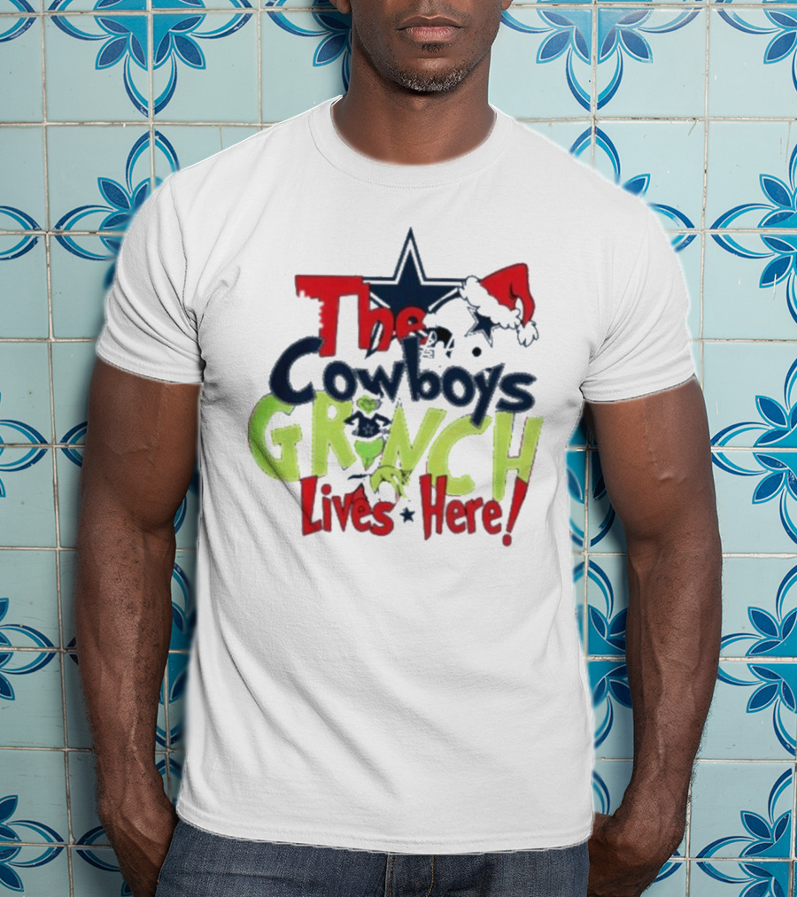 The Cowboys Grinch Lives Here Santa Hat Christmas T-Shirt