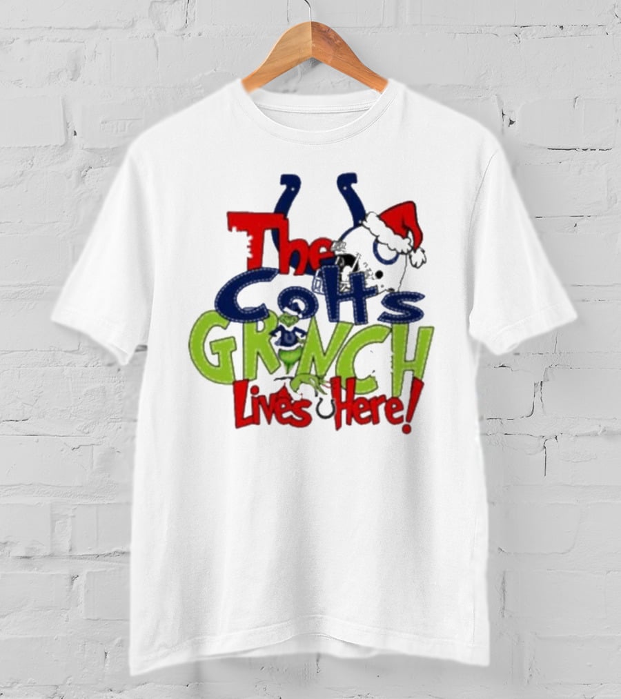 The Indianapolis Colts Grinch Lives Here Christmas Santa Hat T-Shirt
