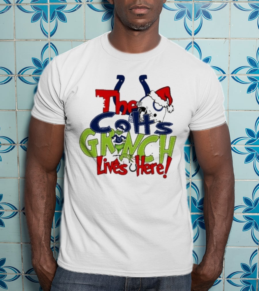 The Indianapolis Colts Grinch Lives Here Christmas Santa Hat T-Shirt