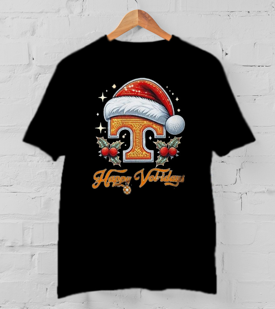 Happy Vol-idays Santa Hat T With Holly And Stars T-Shirt