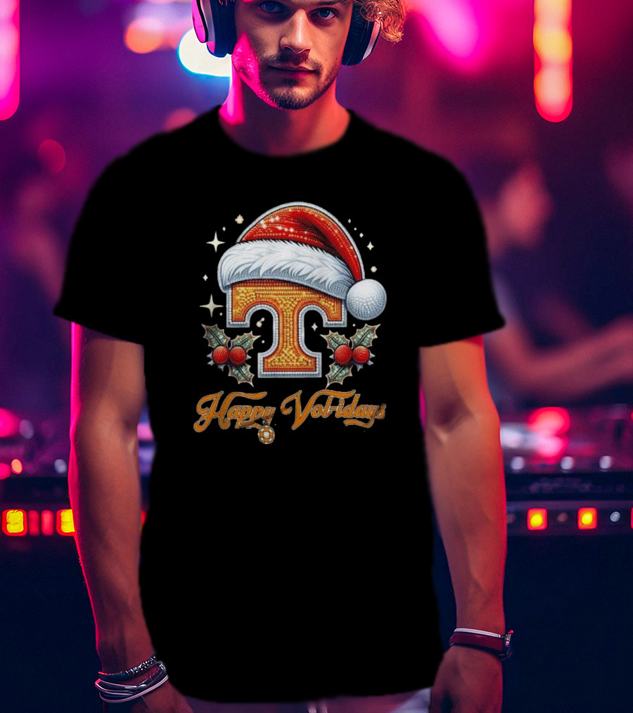 Happy Vol-idays Santa Hat T With Holly And Stars T-Shirt
