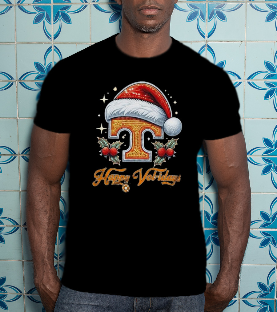 Happy Vol-idays Santa Hat T With Holly And Stars T-Shirt