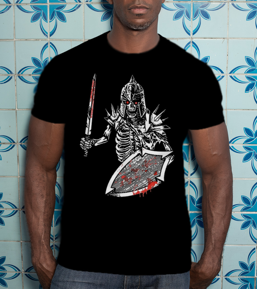 Gatecreeper Bloody Skeleton Warrior With Blood-Soaked Sword And Shield T-Shirt