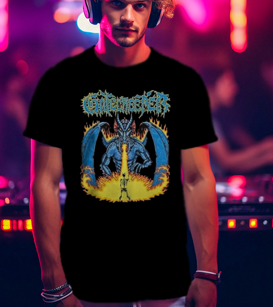 Gatecreeper Blue Dragon Breathing Fire With Fiery Surroundings T-Shirt