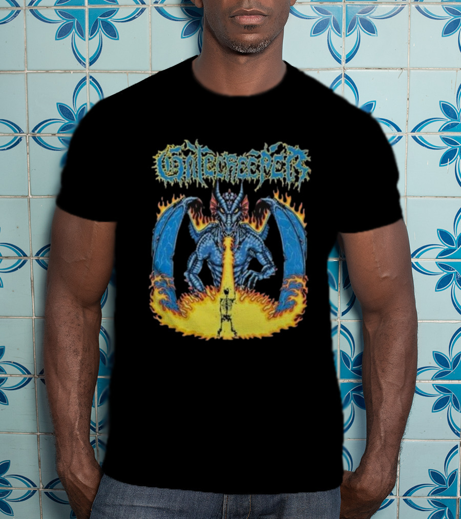 Gatecreeper Blue Dragon Breathing Fire With Fiery Surroundings T-Shirt