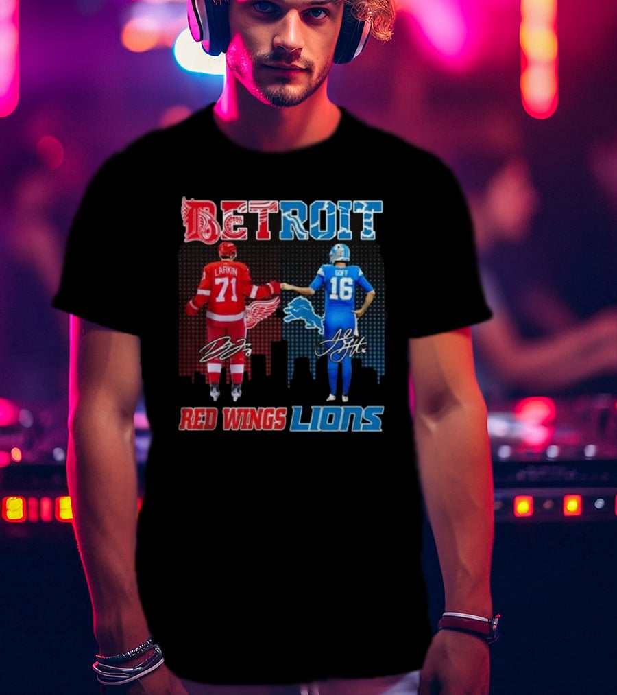 Larkin 71 Detroit Red Wings Goff 16 Detroit Lions Signature Collaboration T-Shirt