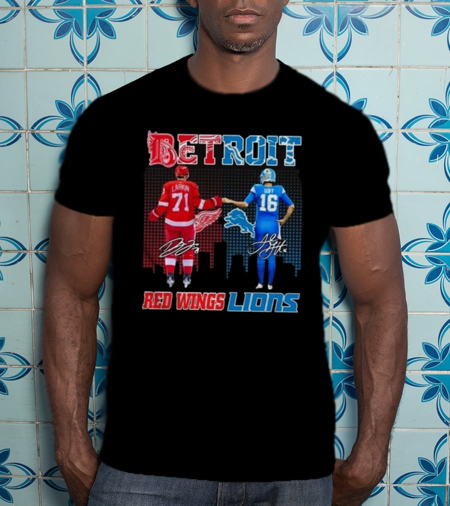 Larkin 71 Detroit Red Wings Goff 16 Detroit Lions Signature Collaboration T-Shirt