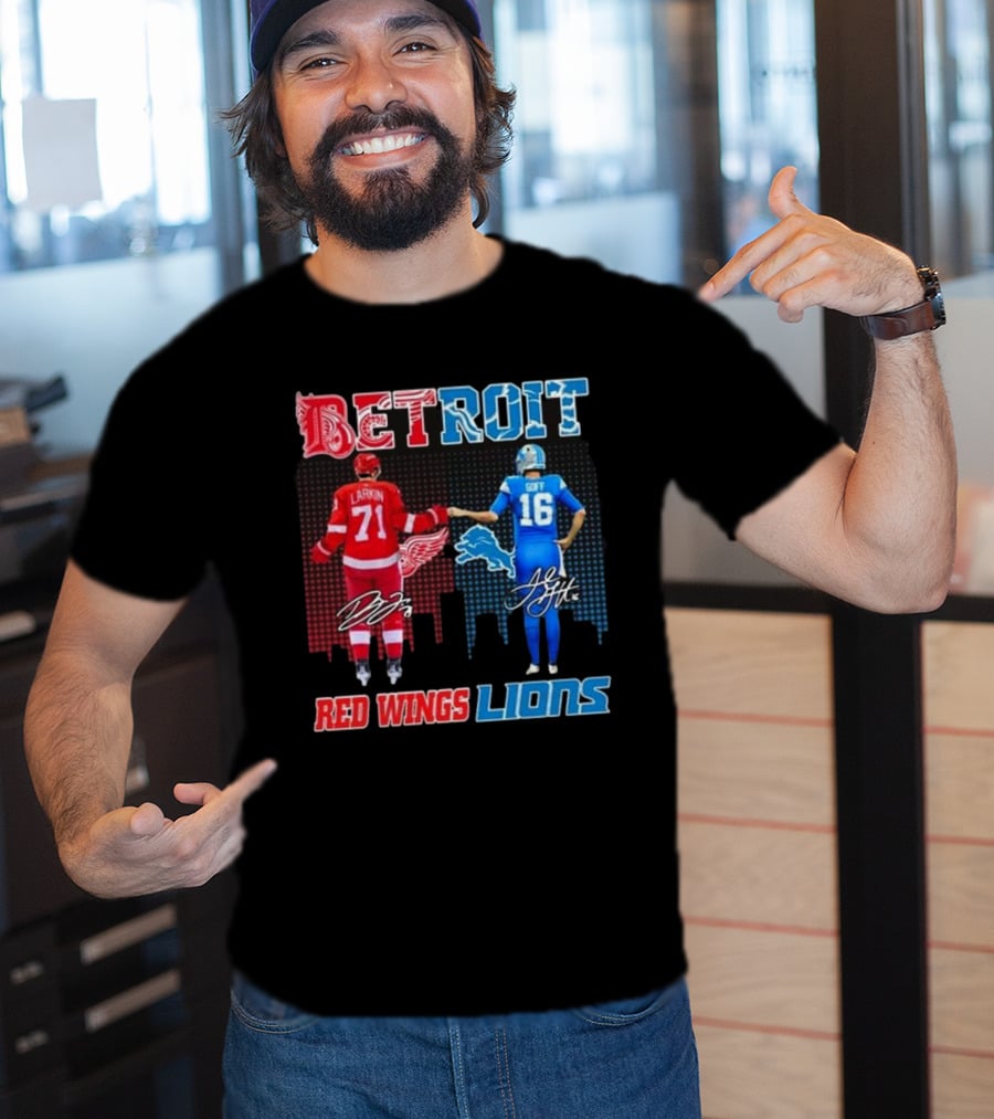 Larkin 71 Detroit Red Wings Goff 16 Detroit Lions Signature Collaboration T-Shirt