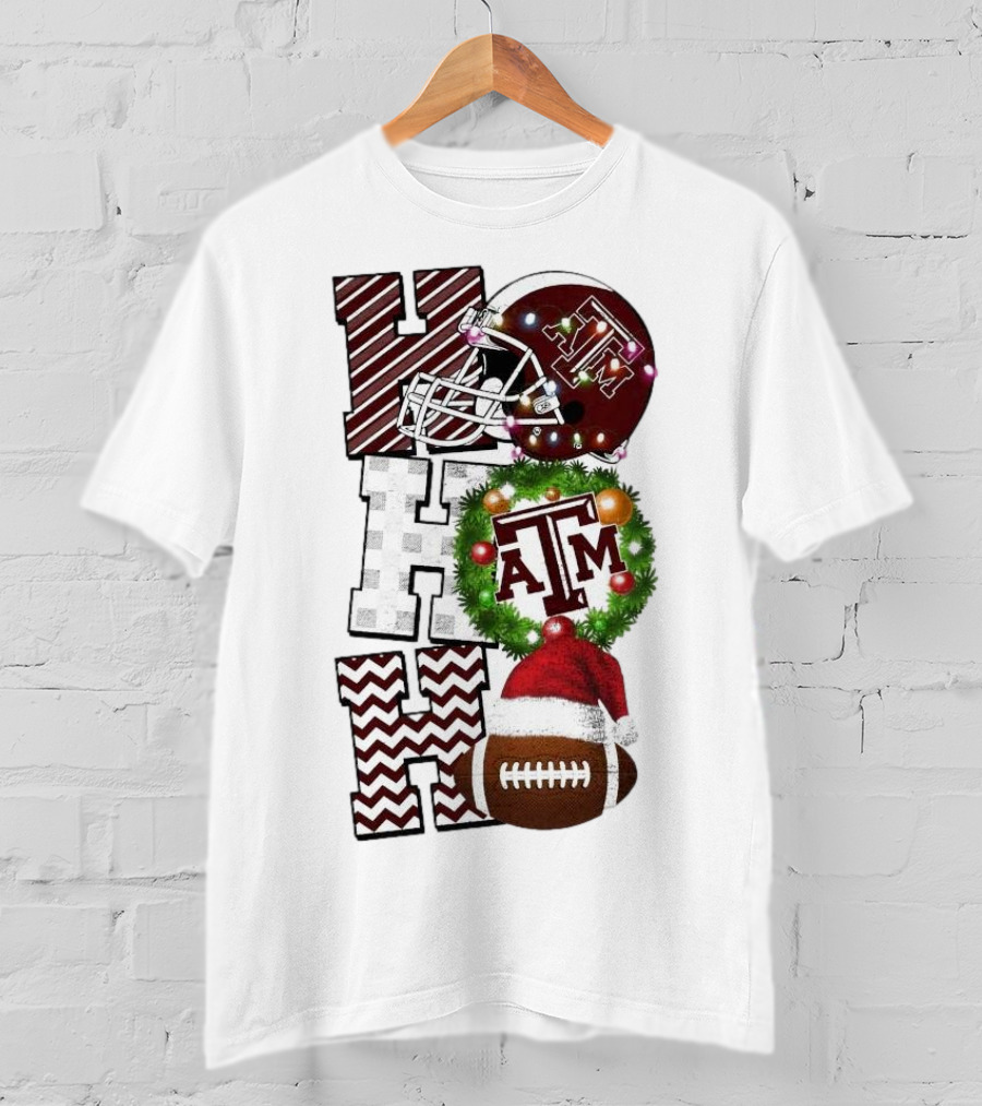 Texas A M Aggies Football Christmas Ho Ho Ho ATM Helmet Wreath Football T-Shirt