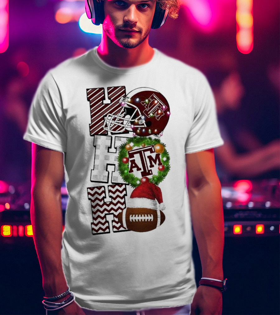 Texas A M Aggies Football Christmas Ho Ho Ho ATM Helmet Wreath Football T-Shirt