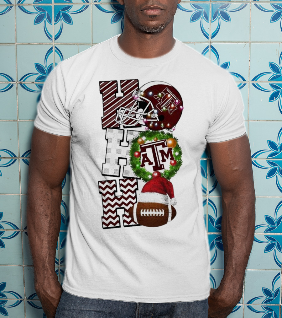 Texas A M Aggies Football Christmas Ho Ho Ho ATM Helmet Wreath Football T-Shirt