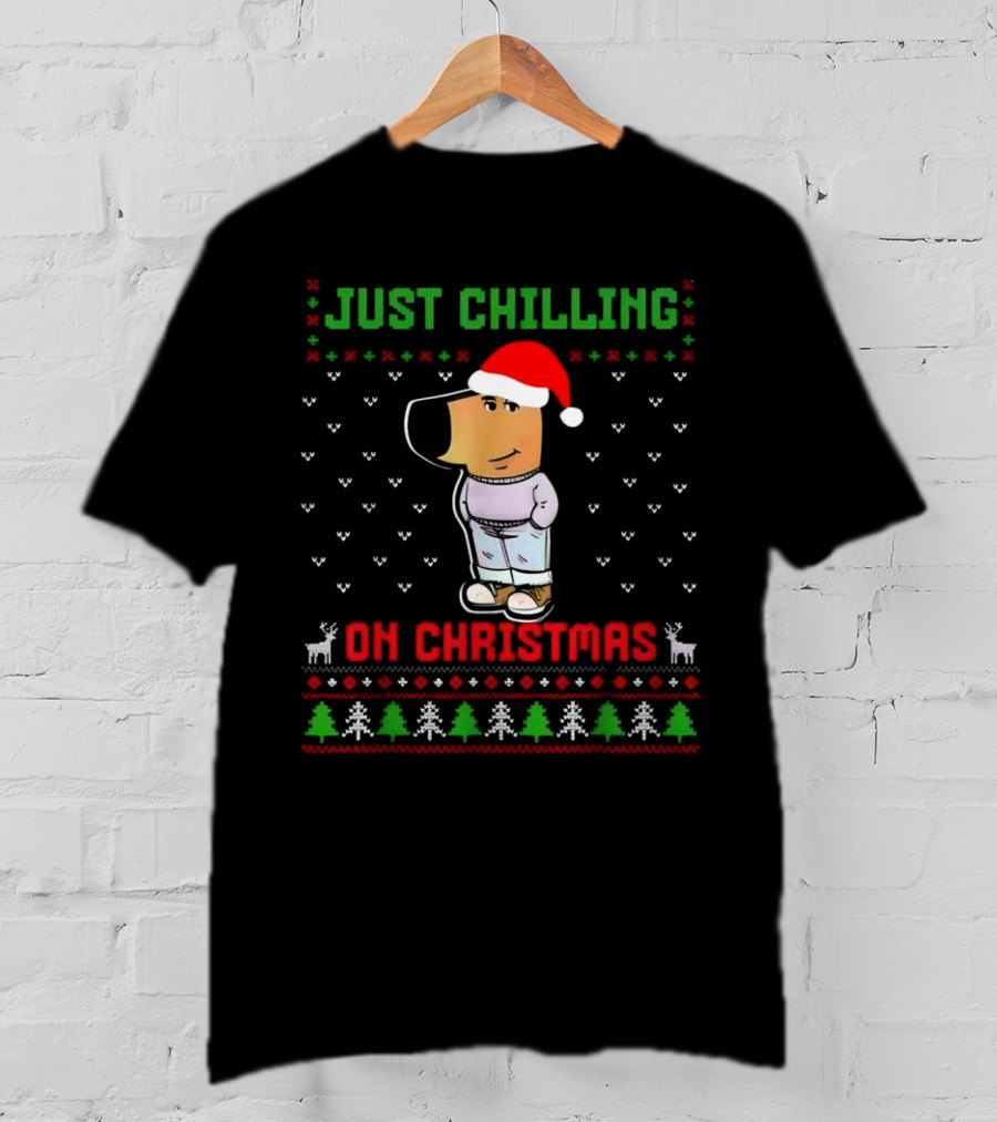 Just Chilling On Christmas Ugly Sweater Santa Hat Dog T-Shirt