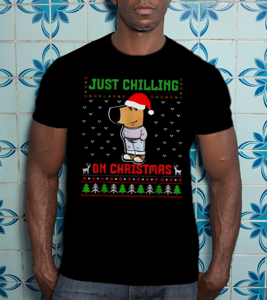 Just Chilling On Christmas Ugly Sweater Santa Hat Dog T-Shirt