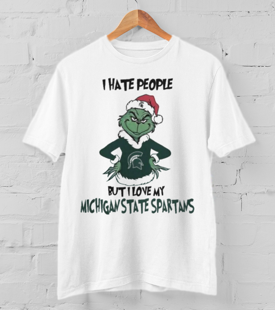 I Hate People But I Love My Michigan State Spartans Grinch Christmas Santa Hat T-Shirt