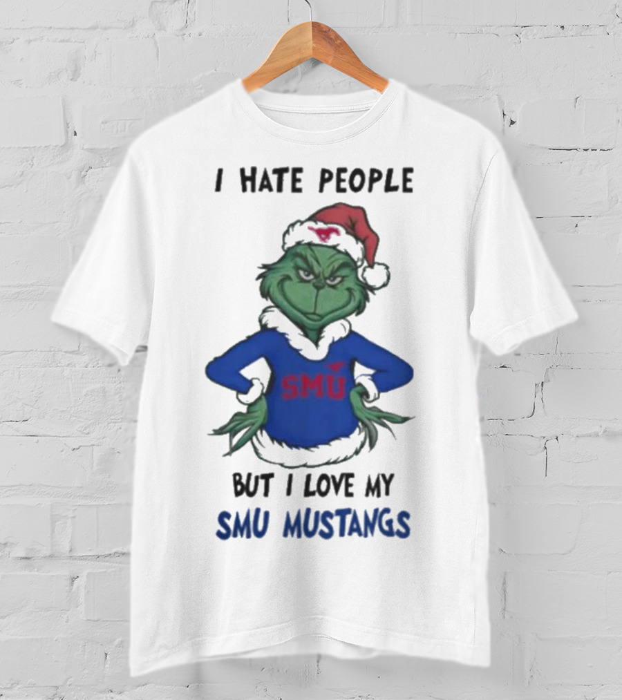 I Hate People But I Love My SMU Mustangs Grinch Santa Hat Christmas T-Shirt