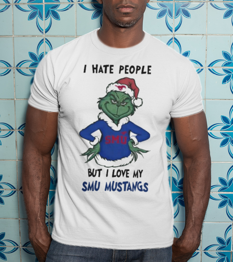 I Hate People But I Love My SMU Mustangs Grinch Santa Hat Christmas T-Shirt