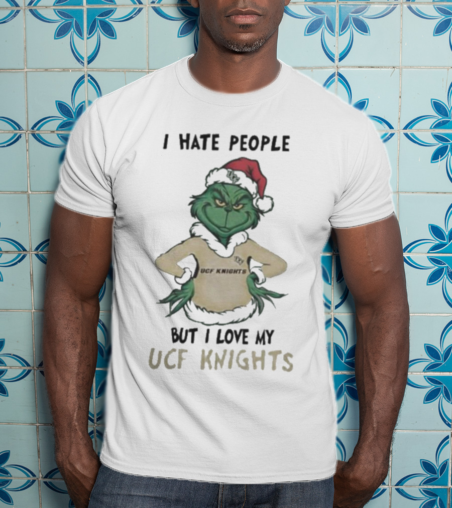 Grinch In Santa Hat I Hate People But I Love My UCF Knights Christmas T-Shirt