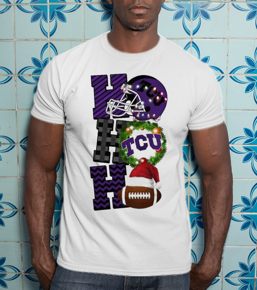 TCU Horned Frogs Football Christmas Ho Ho Ho Helmet And Wreath Game Day T-Shirt