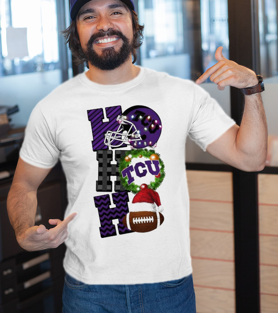 TCU Horned Frogs Football Christmas Ho Ho Ho Helmet And Wreath Game Day T-Shirt