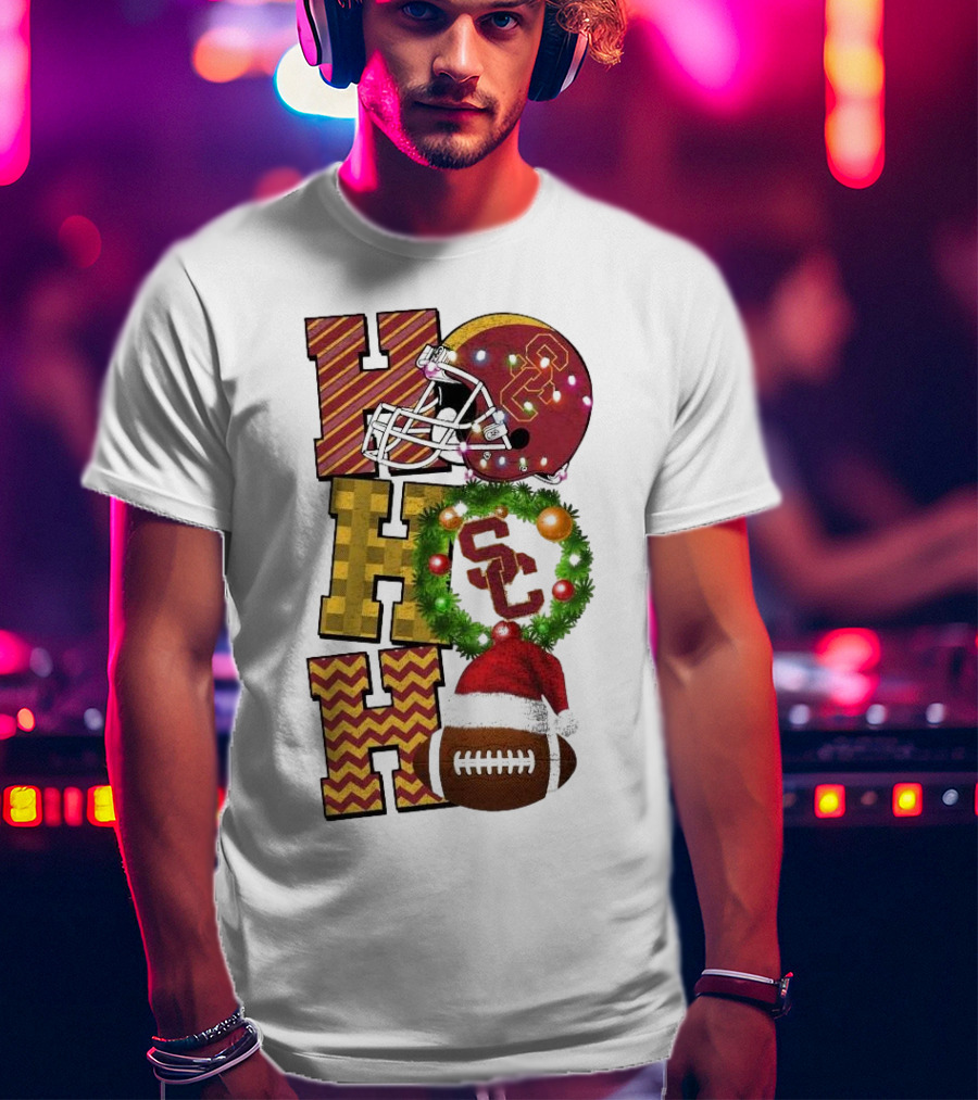 USC Trojans Football Christmas Ho Ho Ho SC Festive Helmet Wreath Game Day T-Shirt