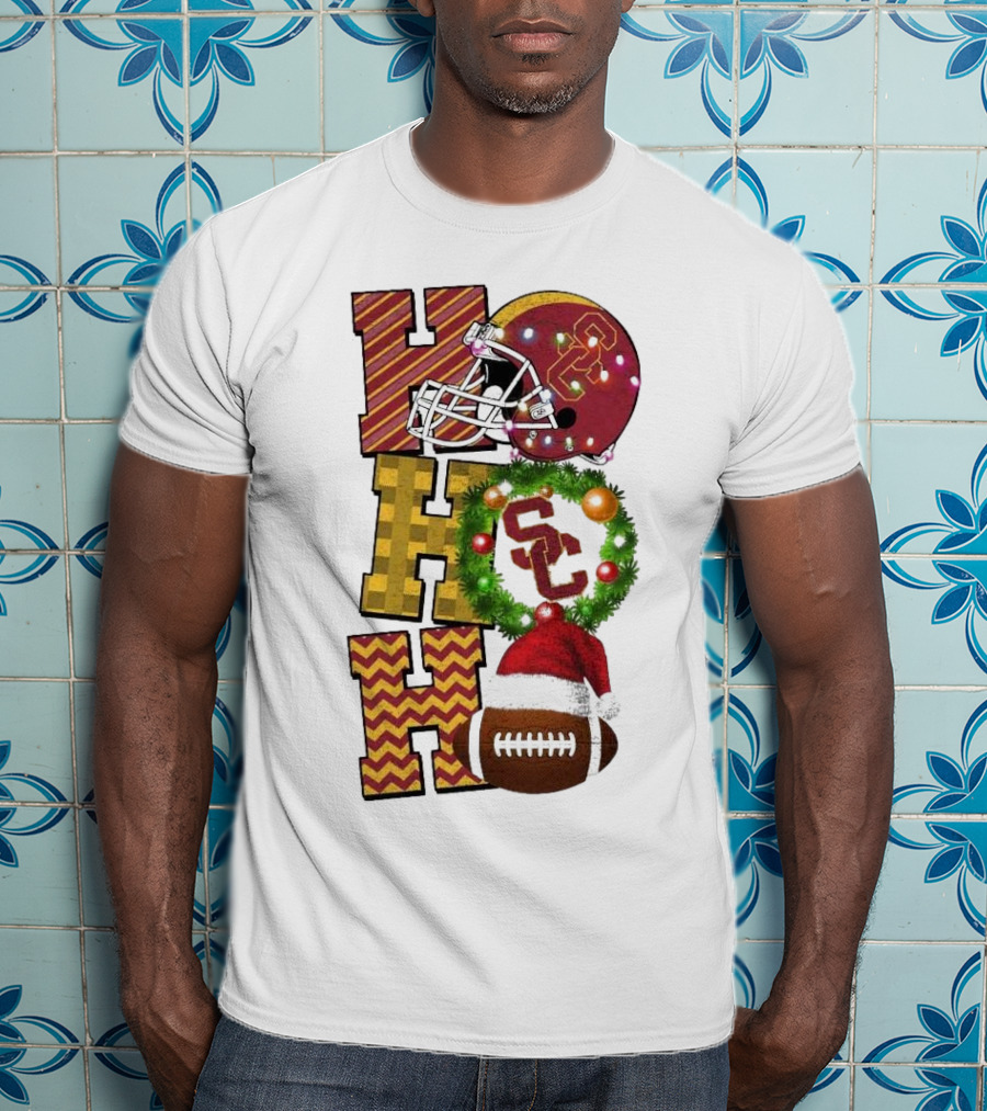 USC Trojans Football Christmas Ho Ho Ho SC Festive Helmet Wreath Game Day T-Shirt