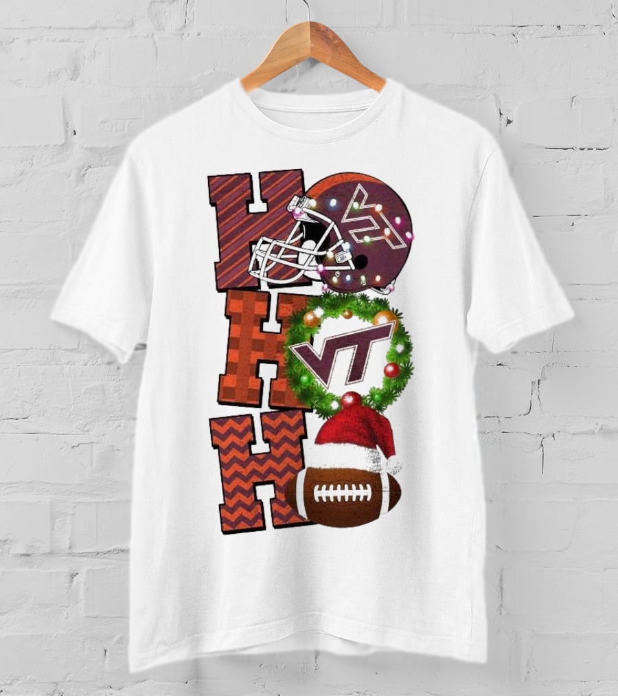 Virginia Tech Hokies Football Christmas Ho Ho Ho VT Helmet Wreath Game Day T-Shirt