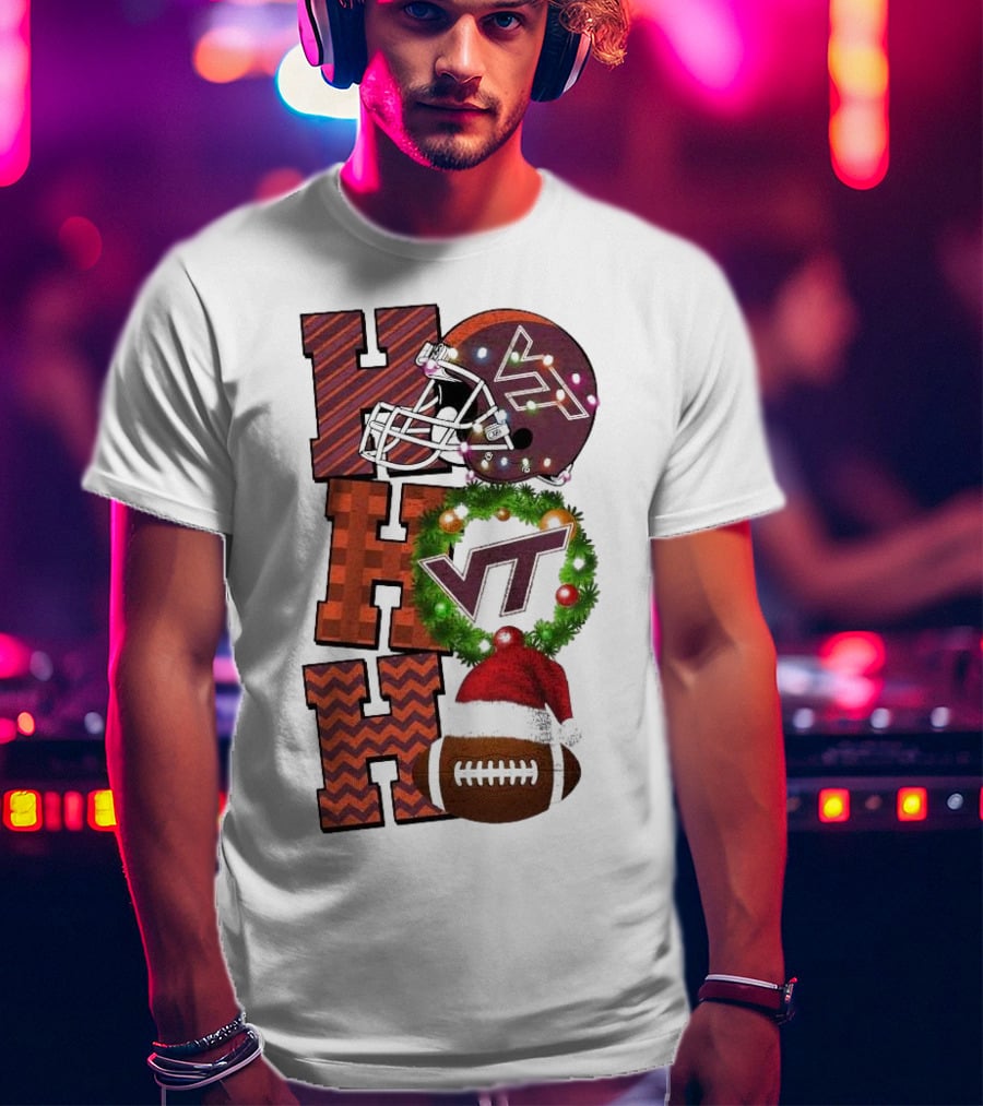Virginia Tech Hokies Football Christmas Ho Ho Ho VT Helmet Wreath Game Day T-Shirt