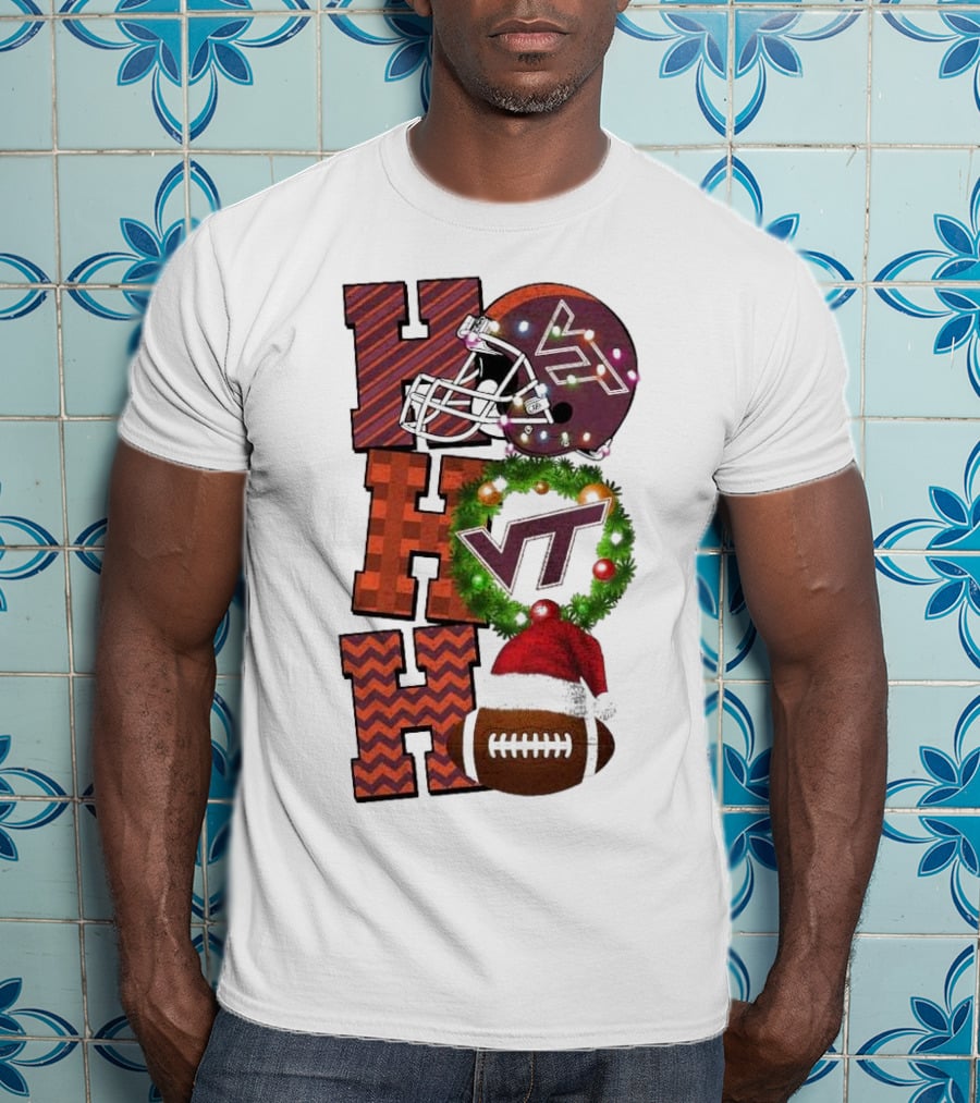 Virginia Tech Hokies Football Christmas Ho Ho Ho VT Helmet Wreath Game Day T-Shirt