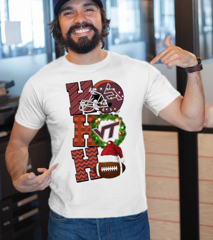 Virginia Tech Hokies Football Christmas Ho Ho Ho VT Helmet Wreath Game Day T-Shirt