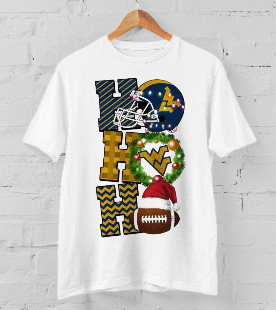 West Virginia Mountaineers Football Christmas Ho Ho Ho Helmet Wreath Santa Hat Game Day T-Shirt