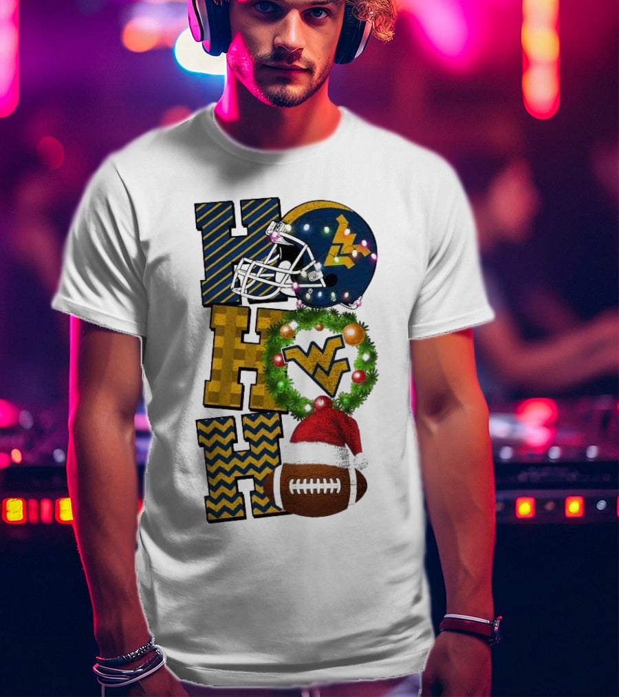 West Virginia Mountaineers Football Christmas Ho Ho Ho Helmet Wreath Santa Hat Game Day T-Shirt