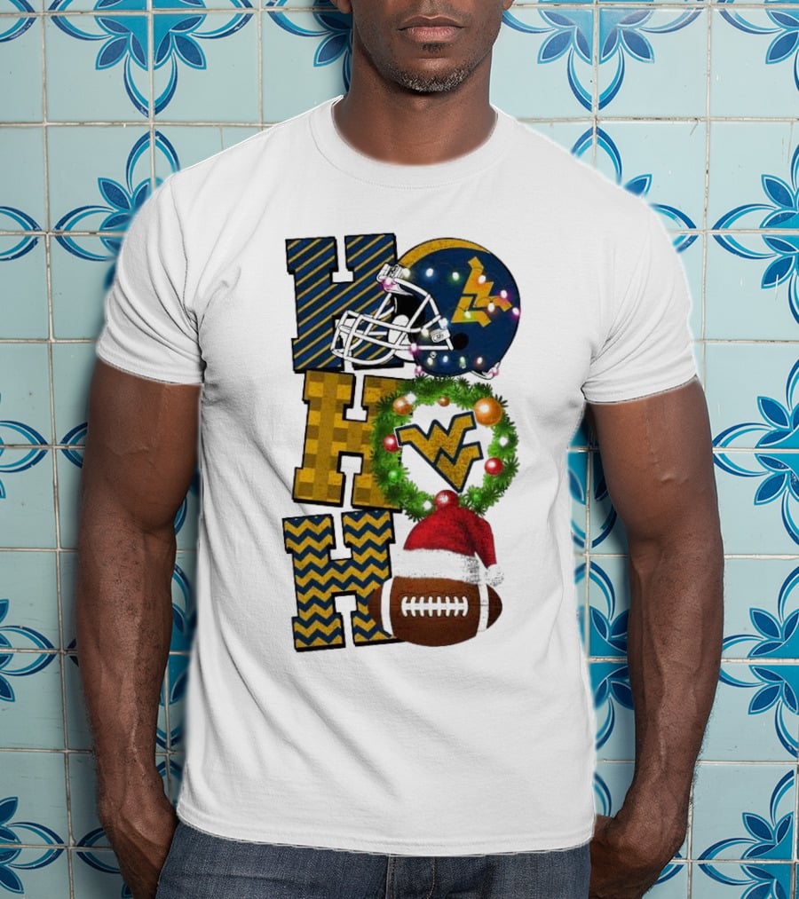 West Virginia Mountaineers Football Christmas Ho Ho Ho Helmet Wreath Santa Hat Game Day T-Shirt